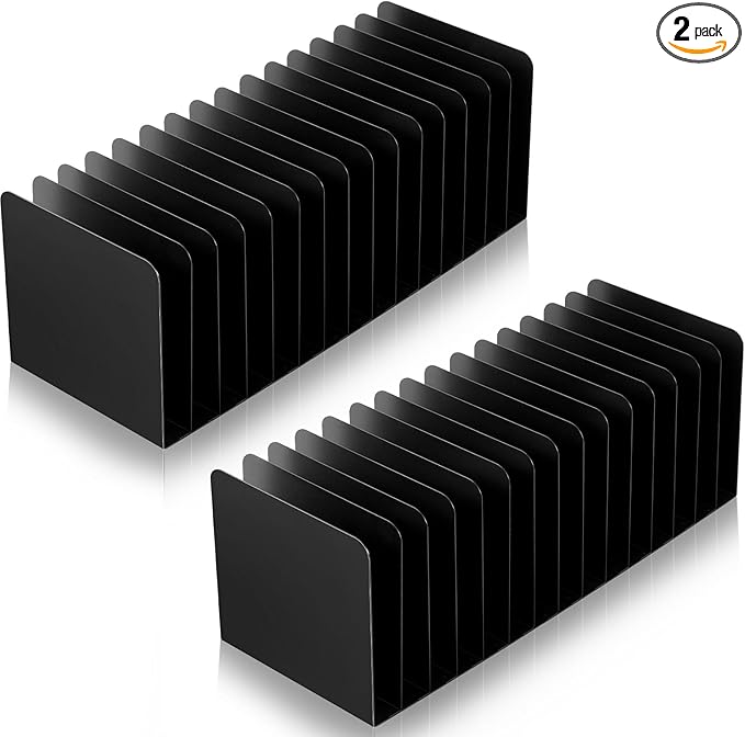 Suzile 2 Pcs Vertical Metal Desk File Organizer, 15 Compartments Desktop Document Sorter & Mail Holder for Office Home Classroom, 15.75" l x 5.79" W x 5.41" H, Black