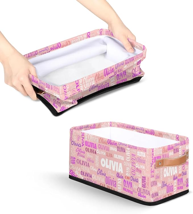 Personalized Narrow Storage Bins, Customized Name Pale Pink Storage Basket Rectangle Organizer for Organizing Kids Pets Toys Towels Socks Shelf Closet