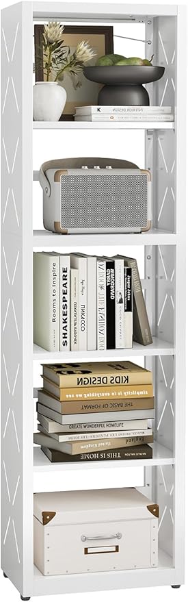METALOONG 5-Tier Metal Bookshelf, Adjustable Bookcase with Anti-Tip Kit & Leveling Feet, Heavy-Duty Metal Storage Organizer, Modern Corner Shelves for Kitchen, Garage, Home Office