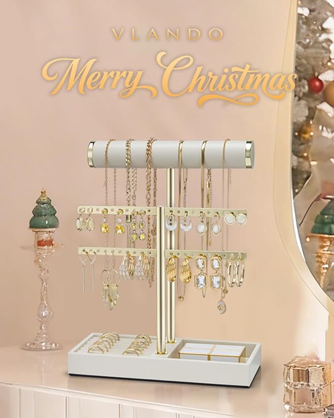 Vlando 2 Tier Necklace Holder Organizer with Tray, Leather Bracelet Holder Display for Women, Gold Jewelry Holder Stand for Bracelet, Necklace, Earrings, Rings - Cloud White