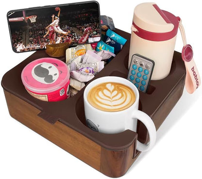 Couch Cup Holder Tray, Real Acacia Wooden Caddy with Soft Silicone, Snack and Drink Organizer- Perfect Movie Night Accessories for Bed, Remote and Cup Holders for Sofa (Coffee)