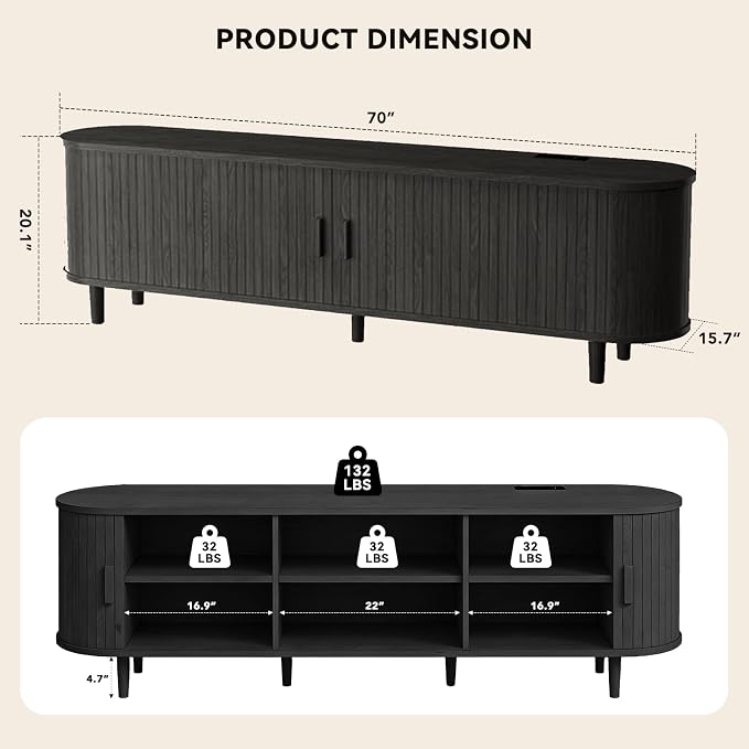 70" Mid Century Modern TV Stand with Power Outlet, Fluted Entertainment Center with Storage and Adjustable Shelves, Wood TV Console with Sliding Doors for Living Room, Black