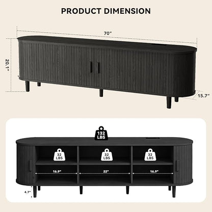70" Mid Century Modern TV Stand with Power Outlet, Fluted Entertainment Center with Storage and Adjustable Shelves, Wood TV Console with Sliding Doors for Living Room, Black