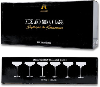 LEMONSODA Hand Blown/Nick And Nora Classic Martini Glasses Manhattan, Cosmopolitan, Espresso Martini, Lemon Drop, Dirty Martini - Inspired by 1930's - 50's Cocktail Culture - 6oz/10oz (Set of 6, 6oz)