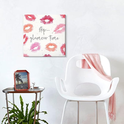 Pink Preppy Wall Decor Red Lip Canvas Wall Art Sexy Lips Painting Inspirational Quote Wall Art Kiss Posters for Bedroom Bathroom Makeup Room Decor 12x12Inch