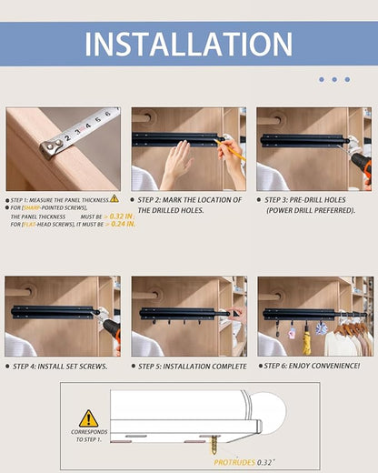 Aluminum Valet Rod, 12 in Heavy Duty Pull Out Closet Valet Rod with 4 Hooks, Adjustable Slide Out Closet Rod, Ideal for Hanging Clothes, Closet Accessories, Easy to Install (Silver)