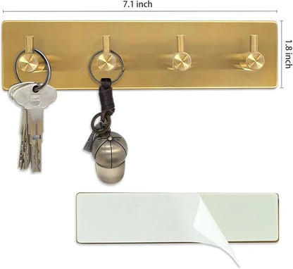 Self Adhesive Key Hook Rack with 4 Hooks for Keys, Masks - Wall Mounted Entryway, Hallway Hanger - Gold