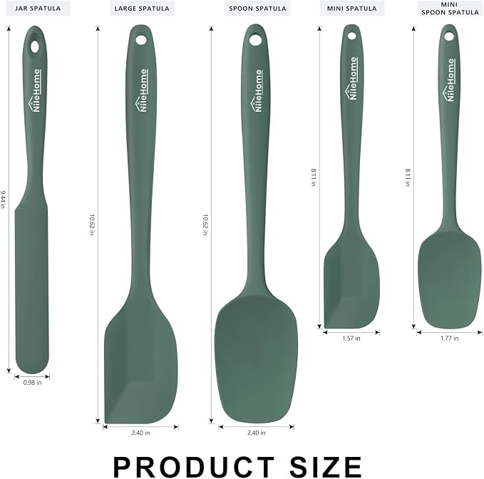 NileHome Silicone Spatula Set, 5 Pieces Food Grade Kitchen Utensils with Silicone Brush Heat Resistant Up to 600°F BPA-free Rubber Spatula for Scraping, Baking, Cooking, Mixing—Green