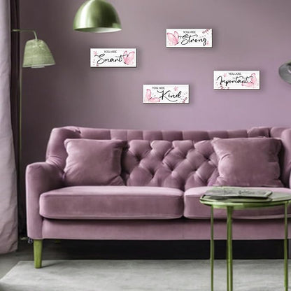 DONFENTHY 4 Pcs Butterfly Wall Decor Pink Room Decor Wooden Positive Butterfly Decor with Inspirational Word Sign for Teen Girls Women Room Bathroom Bedroom Office(Pink,10x4 Inch)