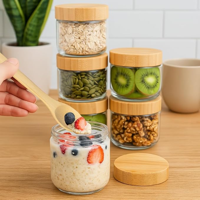 TBWIND 4 Pack 10oz Glass Jars with Bamboo Lids, Spoons, Airtight Overnight Oats Containers, Wide Mouth Mason Jars, Food Storage Container for Yogurt Salad Snacks Spice Sugar Meal Prep – Reusable