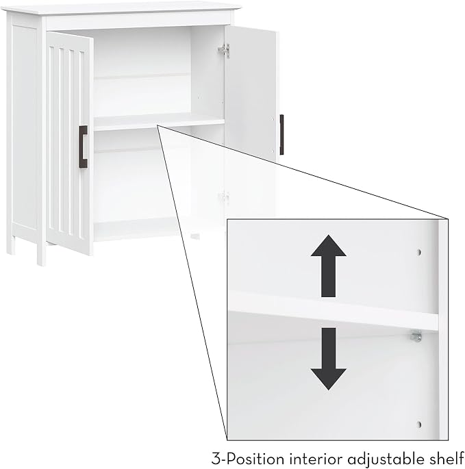 RiverRidge Monroe Two-Door Floor Storage Cabinet - Bathroom Storage Cabinet with Adjustable Shelves - Soft-Close Doors White Finish with Matte Black Handles