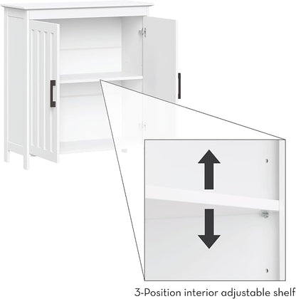 RiverRidge Monroe Two-Door Floor Storage Cabinet - Bathroom Storage Cabinet with Adjustable Shelves - Soft-Close Doors White Finish with Matte Black Handles