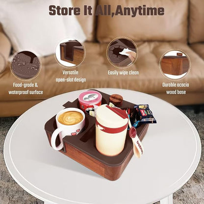 Couch Cup Holder Tray, Real Acacia Wooden Caddy with Soft Silicone, Snack and Drink Organizer- Perfect Movie Night Accessories for Bed, Remote and Cup Holders for Sofa (Coffee)