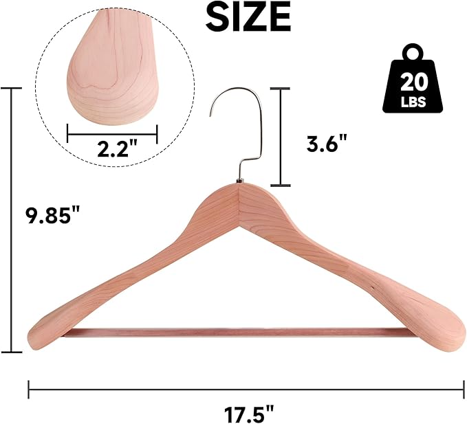 36-Pack Premium Wide Shoulder Wooden Suit Hangers, 17.5" Heavy-Duty Solid Wood Coat Hangers with Pant Bar for Men's Heavy Garments, Blazers, Jackets (Cedar Wood)
