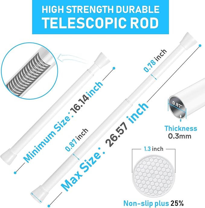 MEXAU 2 Pack White Tension Rod 16 To 26 Inch Spring Tension Rod Adjustable Spring Curtain Rods No Drilling Short Curtain Rod Extendable Small Spring Tension Rod for Closet Cupboard Bars Refrigerator