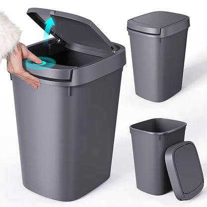 CEROELDA 3 Pack Bathroom Trash Can with Lid, 10L/2.6 Gal Small Garbage Can with Press Top Lid, Slim Plastic Waste Basket for Toilet, Office, Bedroom (Grey)