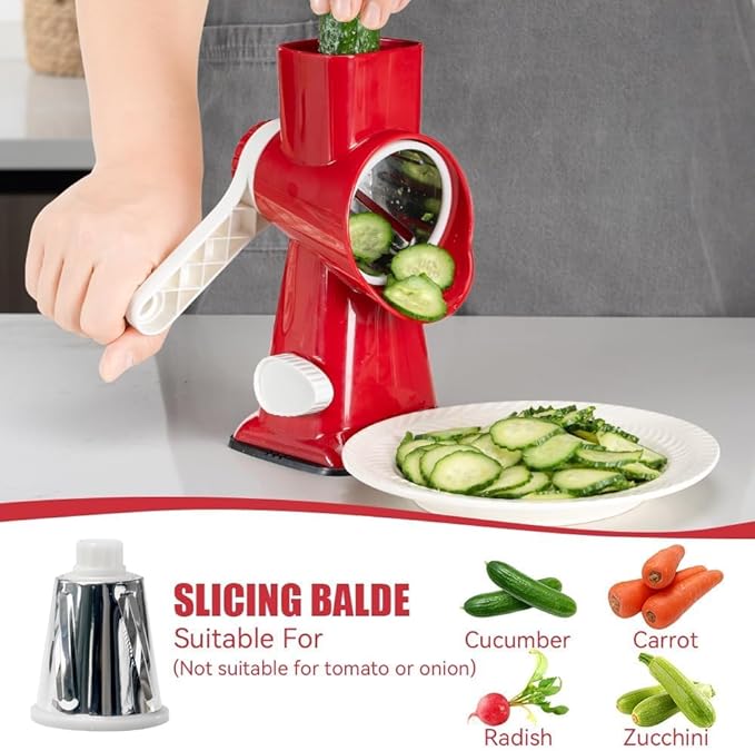 KEOUKE Rotary Cheese Grater Pro 6 in 1 - Shredder Crinkle Slicer Grinder Ice Shaver, Stable Suction, Time-saving Easy Use & Clean, Safe Morden Kitchen Tool for Cheese, Vegetable, Nuts, Chocolate