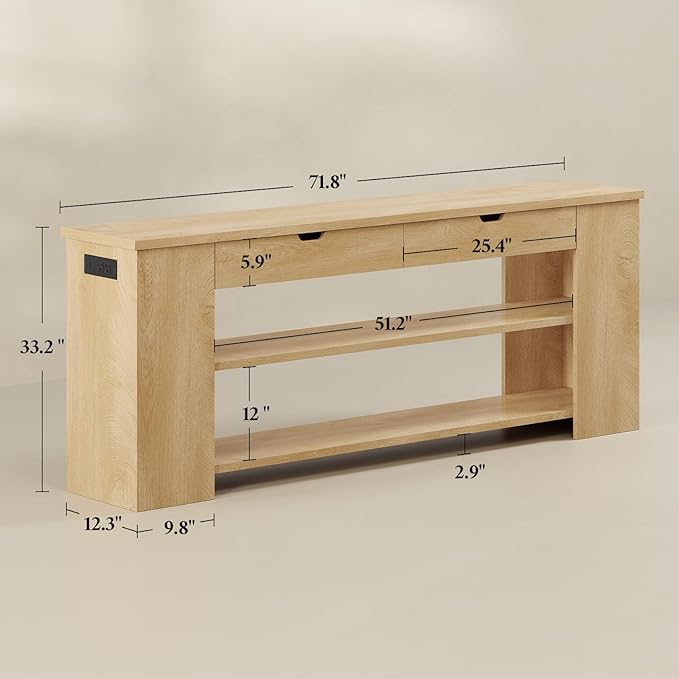 71.8" Extra Long Console Table, Farmhouse Entryway Table Behind Couch with Generous Storage and Built-in Outlet, Sturdy Sofa Table for Living Room, Entrance, Hallway, Foyer, Natural Wood