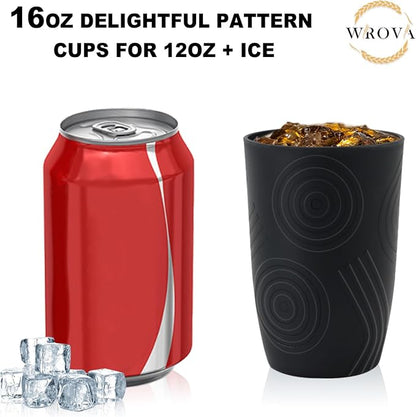 Wrova Wheat Straw Cups 16oz Tumbler Set of 8 with Etched Pattern - Alternative Plastic Cups Dishwasher Safe - Plastic Drinking Cups Unbreakable for Kids - Black to Grey