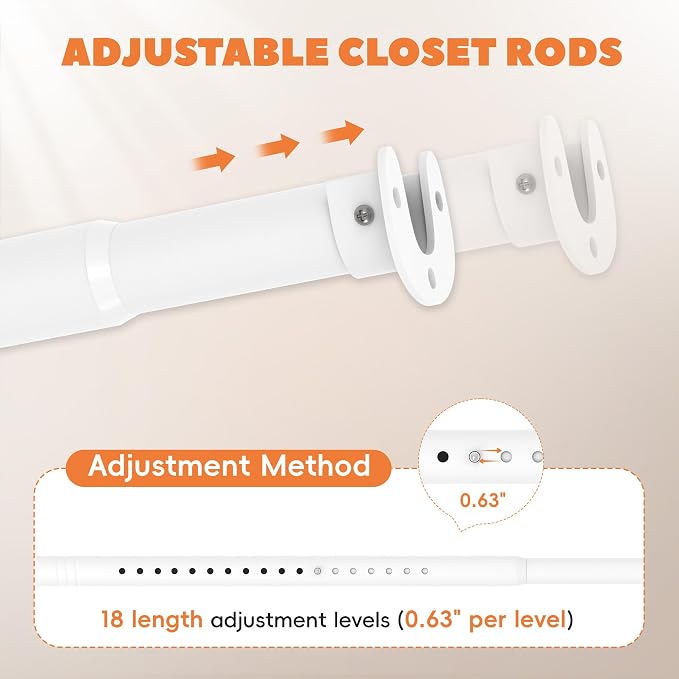 Short Closet Rod 17-39 Inches, Adjustable Heavy Duty White Metal Closet Rods for Hanging Clothes, 1.3 Inch Diameter with Wall Brackets for Wardrobes, Laundry Room, RV