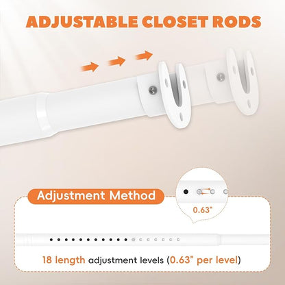 Short Closet Rod 17-39 Inches, Adjustable Heavy Duty White Metal Closet Rods for Hanging Clothes, 1.3 Inch Diameter with Wall Brackets for Wardrobes, Laundry Room, RV