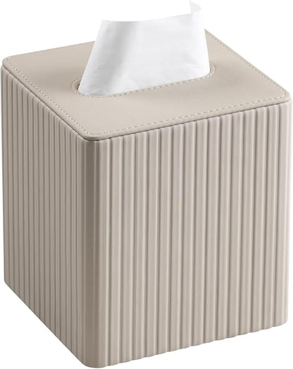 MEIBOOCH PU Leather Tissue Box Cover Square Tissue Box Holder with Magnetic Closure (Beige Stripe)