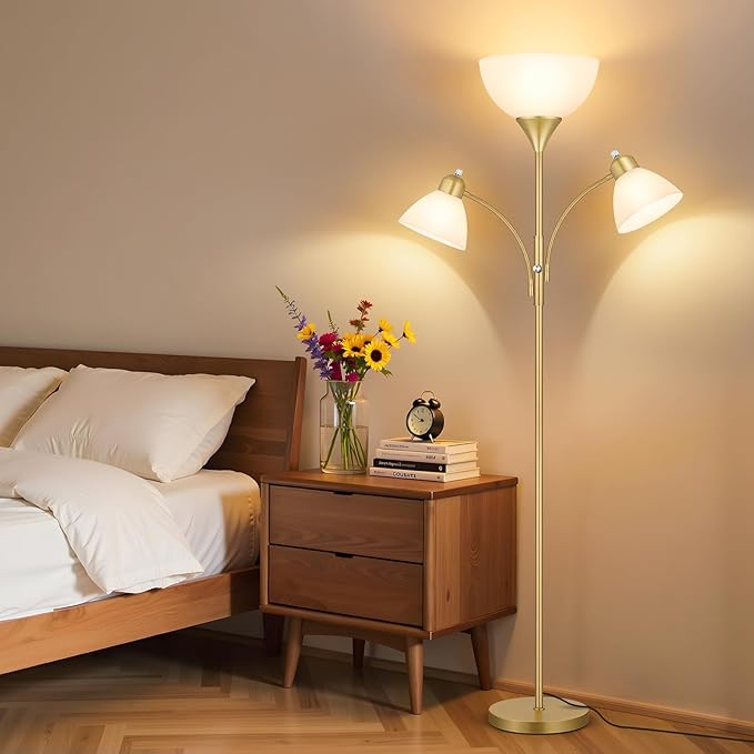 Floor Lamp for Living Room,72" Dimmable Torchiere Lamp with 2 Reading Lights for Bedroom, Gold Tall Standing Room Lamp, 3 Bulbs Included