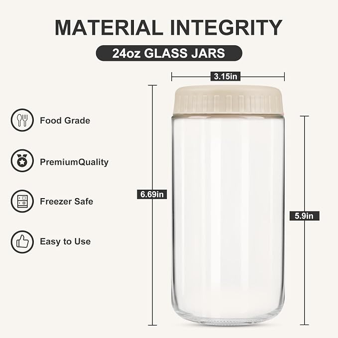 SHOWIN Overnight Oats Containers with Lids, 24oz Glass Jars with Lids 8 pcs, Apricot, Wide Mouth Mason jars for Salad, Yogurt, Snacks, Meal Prep