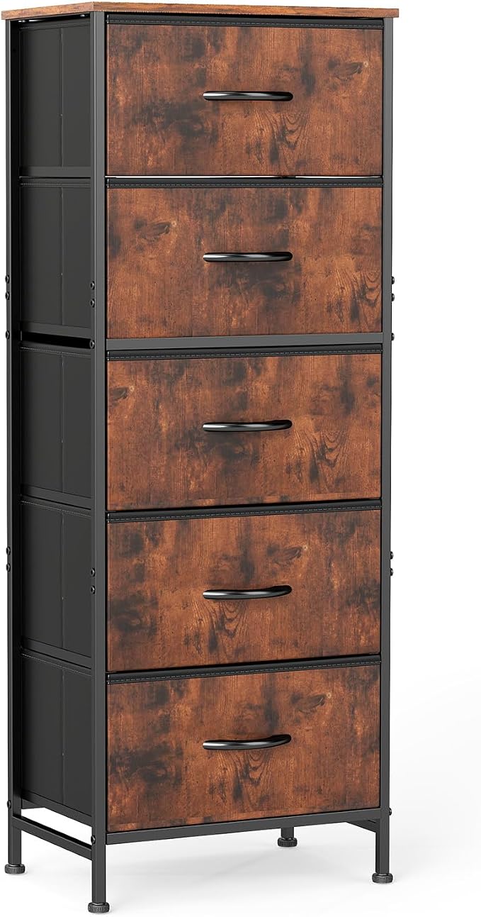 Sweetcrispy 5 Drawer Dresser with Fabric Bins Steel Frame Wood top Storage Chest for Bedroom Closet Hallway Brown Compact Organizer Durable Home Storage Solution