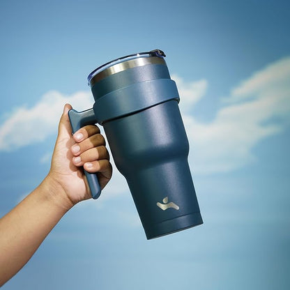 40 oz Tumbler with Handle and 2 Straw 2 Lid, Insulated Water Bottle Stainless Steel Vacuum Cup Reusable Travel Mug, Navy Blue