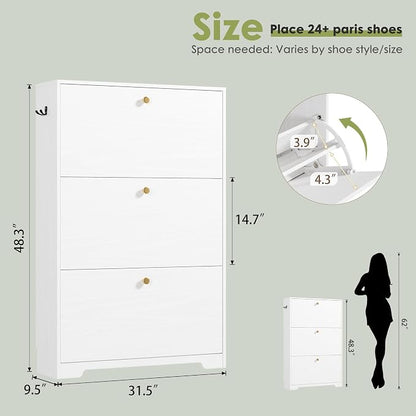 Nicetree Shoe Cabinet with 3 Flip Drawers, Narrow Shoe Organizer Cabinet, Freestanding Shoe Rack Cabinet, Modern Shoe Storage Cabinet for Entryway, Hallway, Foyer, White
