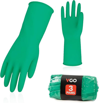 Vgo... 3-Pairs Reusable Household Gloves, Rubber Dishwashing gloves, Extra Thickness, Long Sleeves, Kitchen Cleaning, Working, Painting, Gardening, Pet Care (Size S, Green, HH4601)