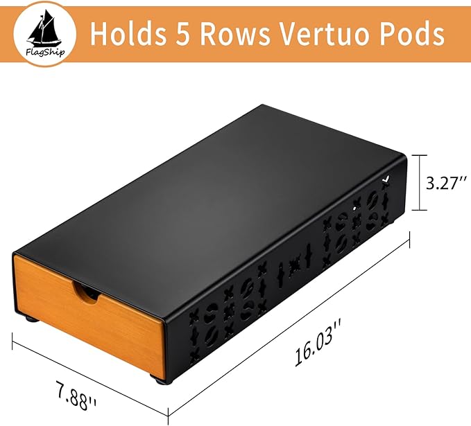 FlagShip Coffee Pod Holder for Nespresso Vertuo Pod Organizer Fits All Vetuo Pods Black Metal With Wood Handle