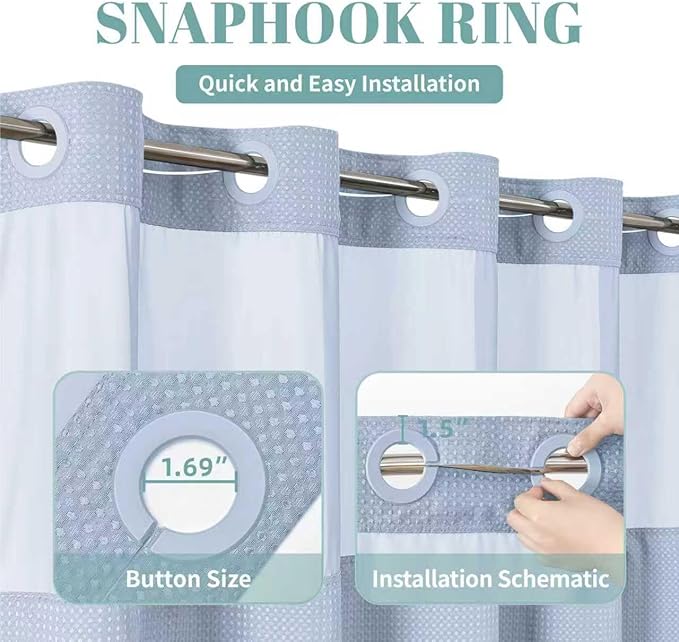 Blue No Hook Waffle Weave Shower Curtain with snap-in Liner Replacement, 230GSM Waterproof Fabric Hotel Shower Curtain Set for Bathroom, Through Mesh Top Window,60Wx74H