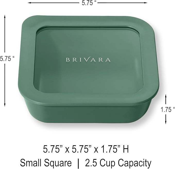 BRIVARA HOME Ceramic Coated Glass Food Storage Container | No PTFE, PFOA, PFAS, and BPA | Reusable Non Toxic Meal Prep Container with Glass Lid | Easy To Store | 2.5 Cup Square [Pine]
