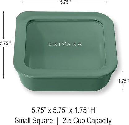 BRIVARA HOME Ceramic Coated Glass Food Storage Container | No PTFE, PFOA, PFAS, and BPA | Reusable Non Toxic Meal Prep Container with Glass Lid | Easy To Store | 2.5 Cup Square [Pine]