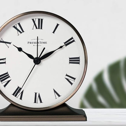 Presentime & Co Lewis Mantel Alarm Clock, Desk and Shelf Clock, Tabletop Decoration, 5.5 x 5 inch, Silent no Ticking, Metal Base, Bronze Finish, Roman Numeral