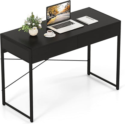 GOFLAME Modern 2-Drawer Computer Desk, Home Office Desk w/Reinforced Heavy-Duty Metal Frame, Versatile Study Writing Desk w/Anti-Tip Kit, Ideal for Bedroom, Study, Office, Small Spaces, Black
