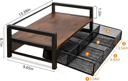 Wooden Tea Bag Organizer with Drawer, 6 Compartments, Large Capacity 13.39" x 9.65" Rustic Brown Tea Station Storage Chest for Countertop, Kitchen, Coffee Bar & Office