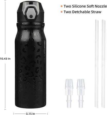 BJPKPK 25oz Insulated Water Bottle with Straw Stainless Steel Double Wall Water Bottles BPA Free Leak Proof Thermal Flask with Lockable Flip Lid and Soft Silicone Spout,Black Leopard