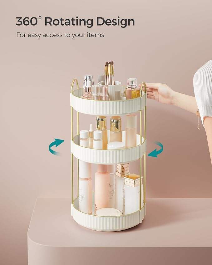 SONGMICS Makeup Organizer, 3-Tier Round Rotating Skincare Organizer Countertop, Customizable, Toiletries Vanity Organizer, Lazy Susan, Gift, Cloud White UJKA011W01