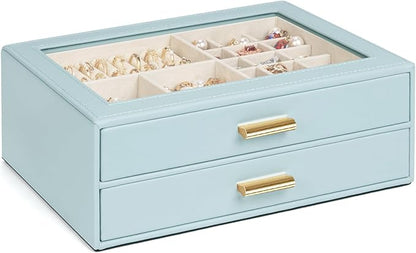 AKOZLIN Jewelry Box with Clear Lid Functional Leather Jewelry Storage Organizer Case 2 Drawers for Women Girls Necklace Ring Bracelet Earring