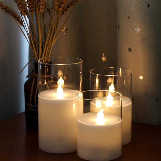 GenSwin Clear Glass Battery Operated Flameless Led Candles with 10-Key Remote and Timer, Real Wax Candles Warm White Flickering Light for Home Decoration(Set of 3)