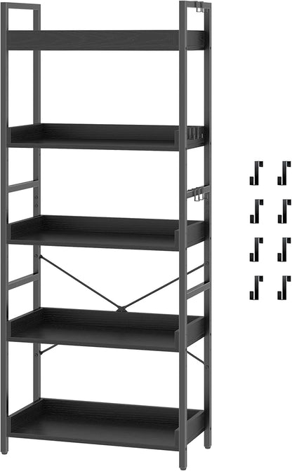 HCHQHS 5 Tier Bookshelf, Adjustable Industrial Bookcase, Vertical Tall Book Shelf, Wood and Black Metal Open Bookshelves for Home Office, Living Room, Bedroom