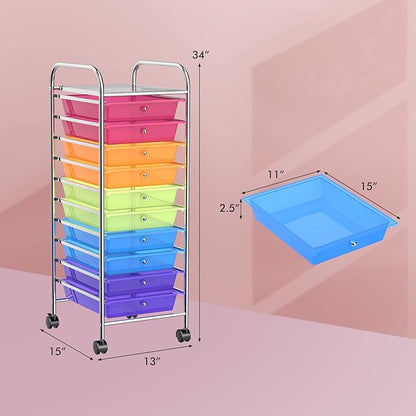 OFFICEJOY Storage Cart, Rolling Utility Cart with 10 Drawers, Portable Handles & Lockable Wheels, Mobile Paper Toys Storage Organizer Large Capacity for Home Office School Teacher (Rainbow)