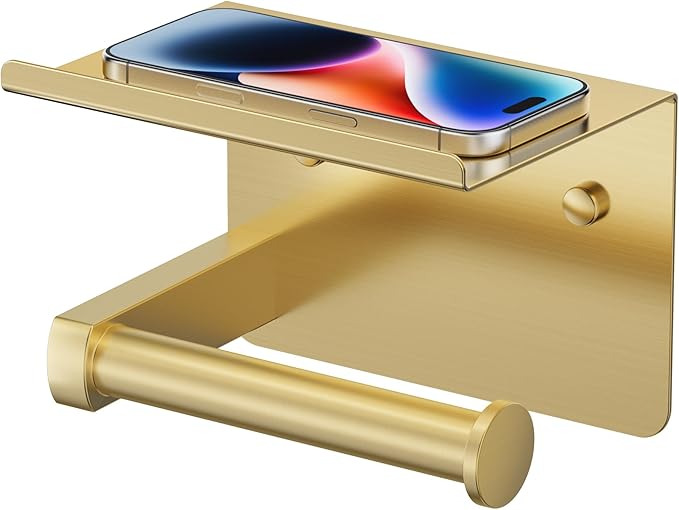 FORIOUS Toilet Paper Holder with Shelf, Adhesive or Screw Wall Mount Toilet Paper Roll Holder for Bathroom, 304 Stainless Steel Commercial Toilet Tissue Roll Dispenser with Phone Shelf (Brushed Gold)