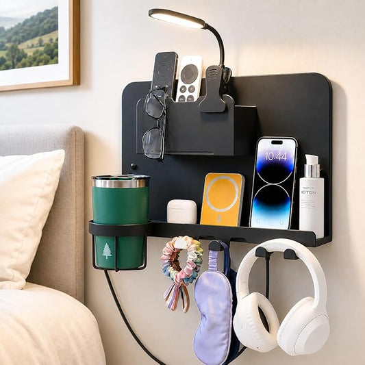Metal Bedside Wall Shelf, Bedside Floating Shelf Wall Organizer with Detachable Cup Holder, No Drill Wall Mount for Bedroom, Dorm Room Decor, Nightstand Alternative, Bunk Bed Accessories, RV Storage