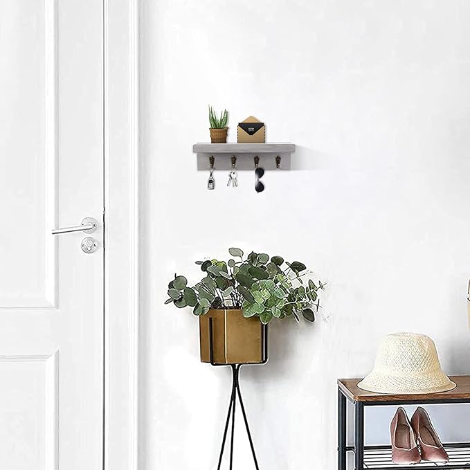 Rustic Key Holder for Wall, Farmhouse Wall Shelf with 4 Hooks, Wall Mounted Key Racks, Wooden Mail Organizer with Hooks for Entryway (Grey)