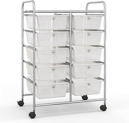Giantex 10 Drawers Rolling Cart, Classroom Organizers, Storage Cart with Wheels, for Teacher Office Home School Supplies Tool Craft Art Paper, Clear White
