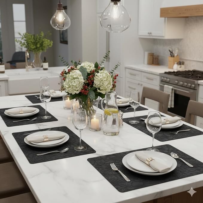 SolaraDawn Faux Leather Table Placemats Set of 6, Washable, Wipeable & Heat-Resistant Table Mats, Waterproof Dining Place Mats with Embossed Texture for Kitchen & Dining, Black, 17" × 12"